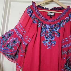 Vintage Collection Women's Red Chiffon Top Tunic Blue Floral Embroidery Beaded L